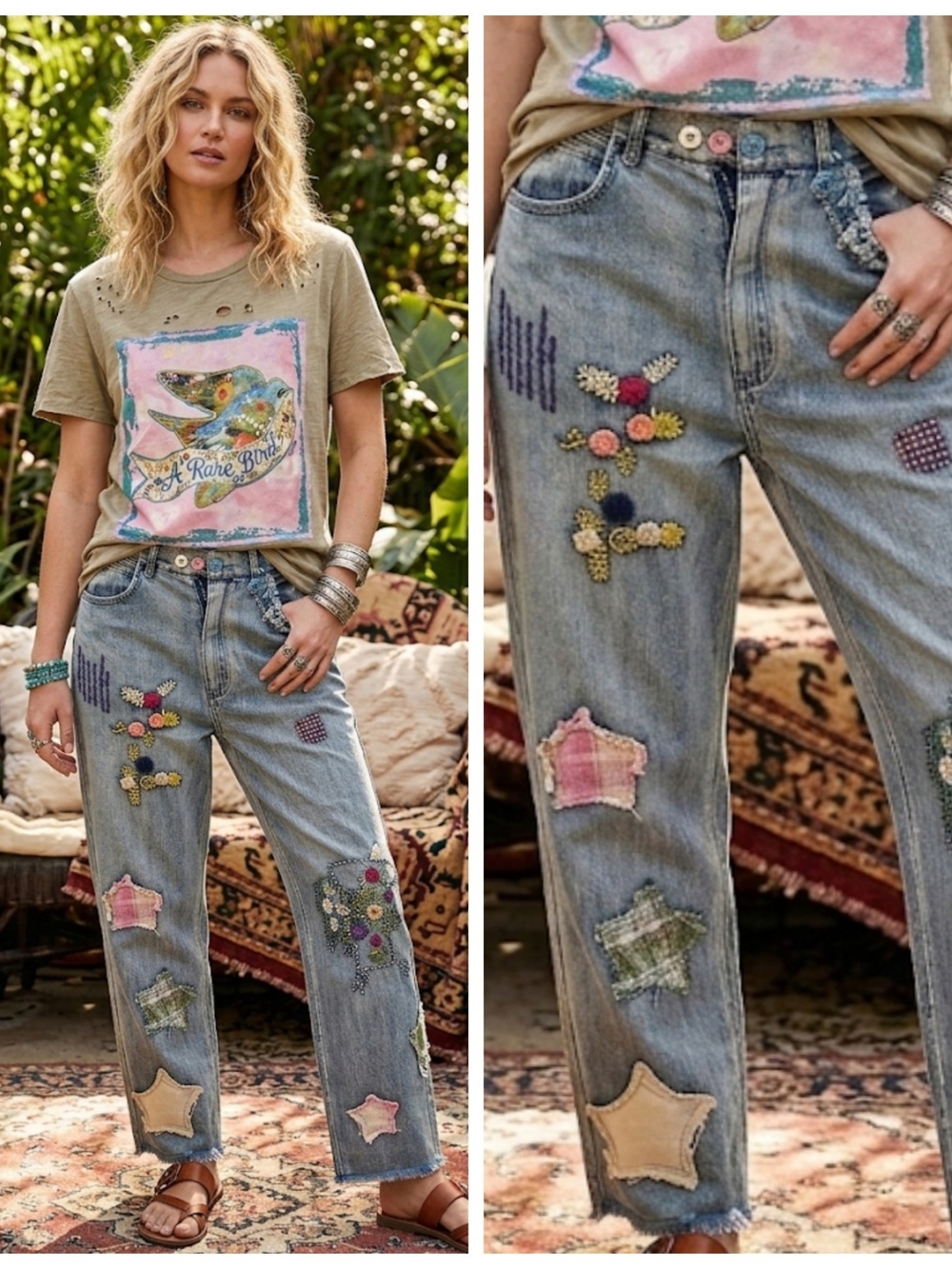 Embroidered Patchwork Vintage Wash Women’s Jeans - Blue - Picture 8 of 8